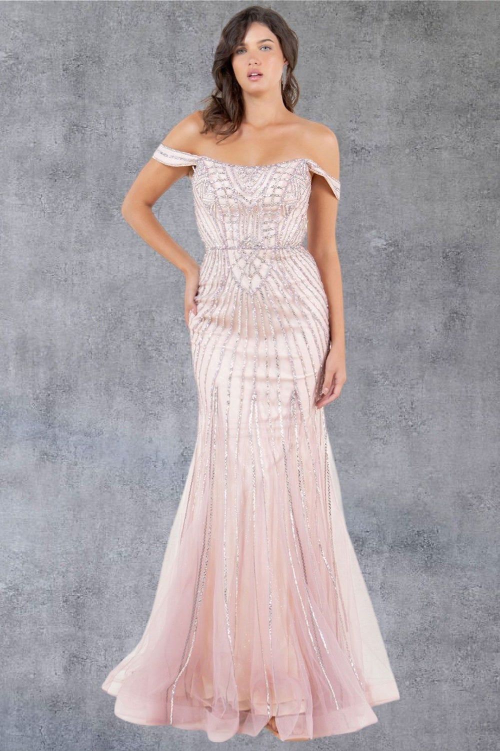 Off-the-Shoulder Long Mermaid Prom Dress with Beads Rose Gold / 2XLarge