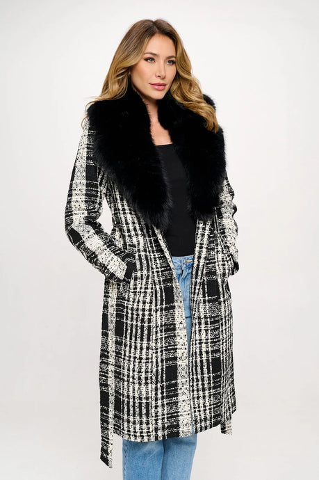 Cosmopolitan Charisma Faux Fur-Trimmed Plaid Coat