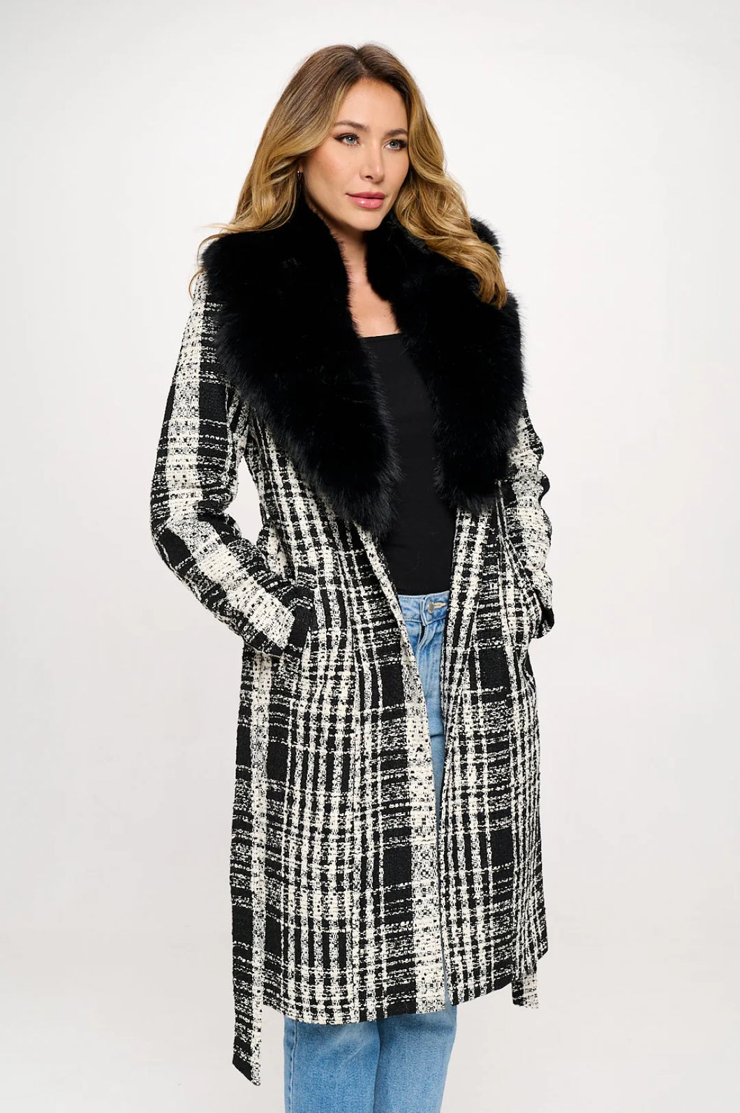 Cosmopolitan Charisma Faux Fur-Trimmed Plaid Coat